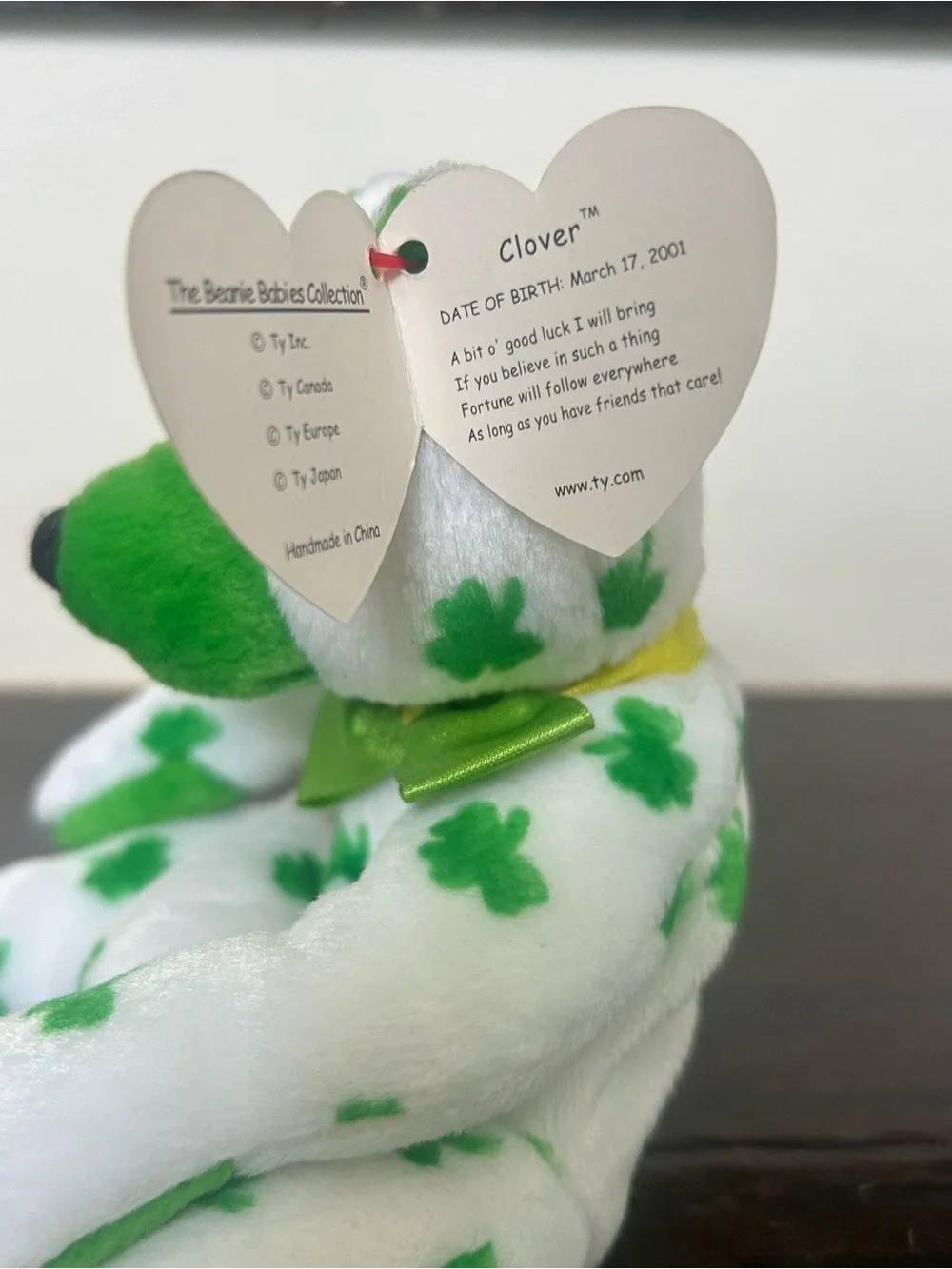 TY Erin The Bear Plush, Clover  - White & Green Shamrock beanie babies